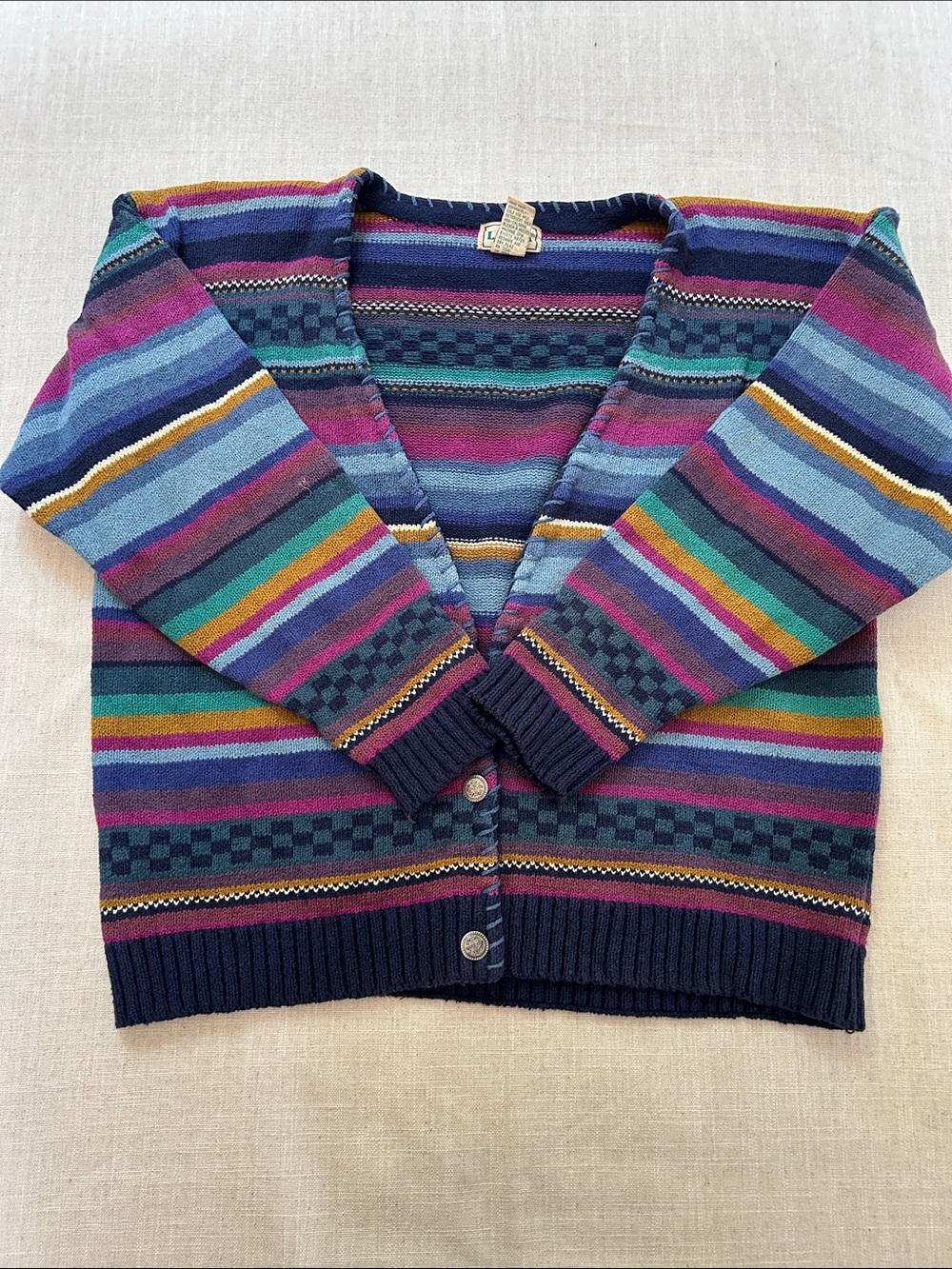 Vintage L.L. Bean Multi-Color Striped V-Neck Cardigan Sweater #592 Women's Large